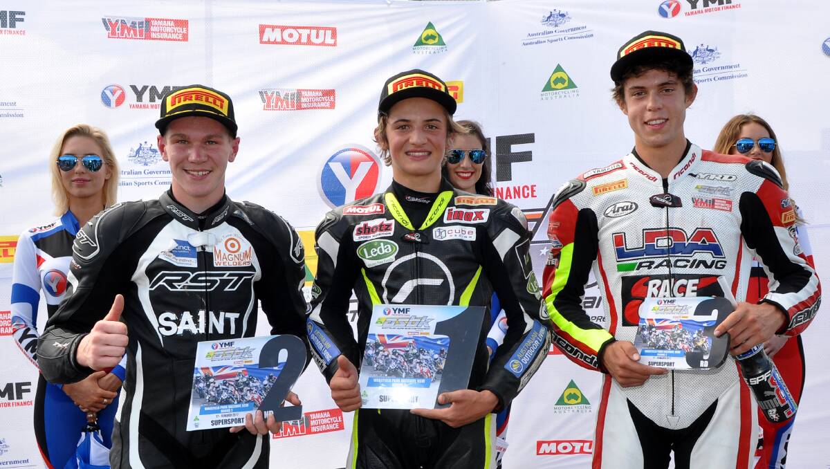 WEEKEND WINNER: Top three point-scorers in the ASBK Motul Supersport series round two at Wakefield Park (L-R) Ted Collins (2nd), Tom Toparis (1st) and Nic Liminton (3rd). Photo: Russell Colvin