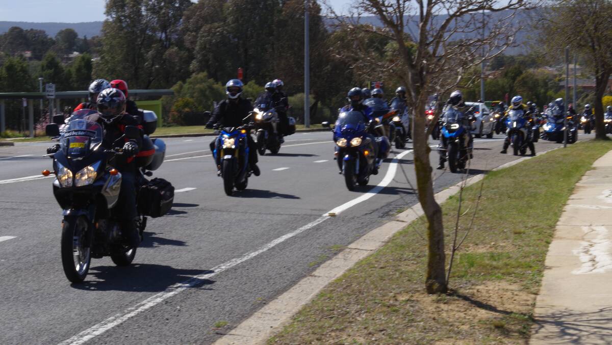 Some of the riders, pillion passengers and their bikes on the Police Remembrance Wall to Wall Ride September 15, 2018 in Goulburn.