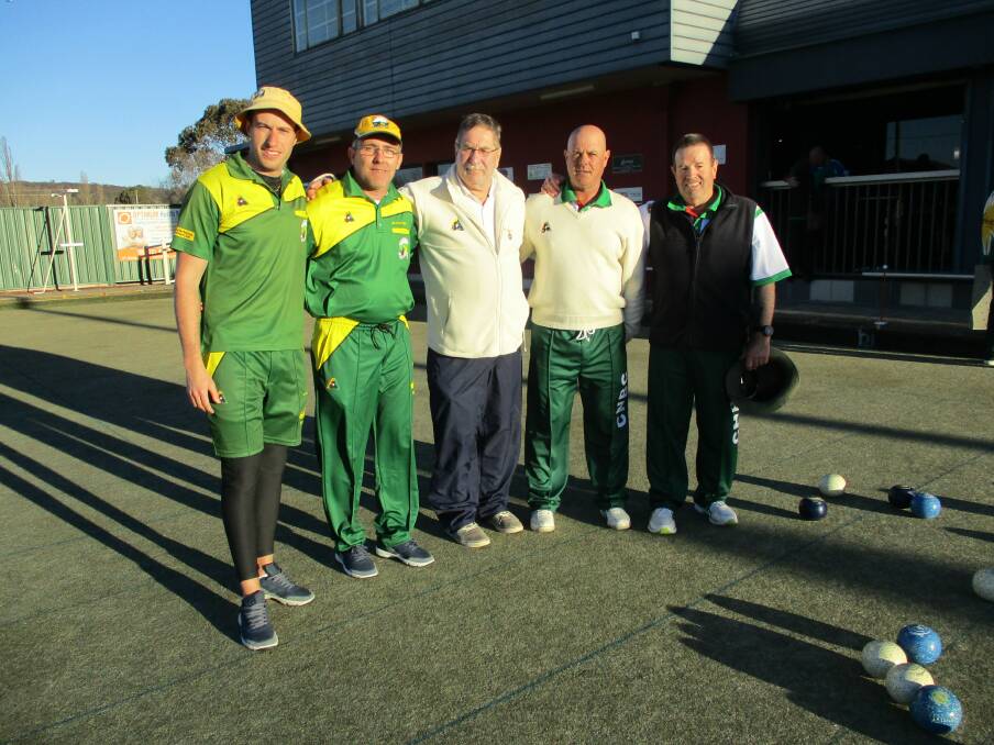 CHAMPIONS: Winners from Weston Creek Mac McClean and Chris O’Connor, Bowls ACT president Wally Kuhn and the runners up from Canberra North Robert Kelly and David Hill. Photo: Reg Thoms