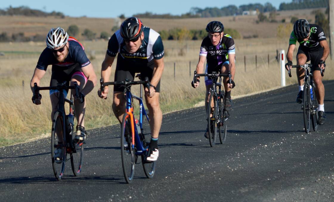 RACING: Phil Champion and Phil Hansen battling for line placings, followed by Mick Hall and Angus Taylor during an earlier Windellama Road outing in May. Photo: David Carmichael
