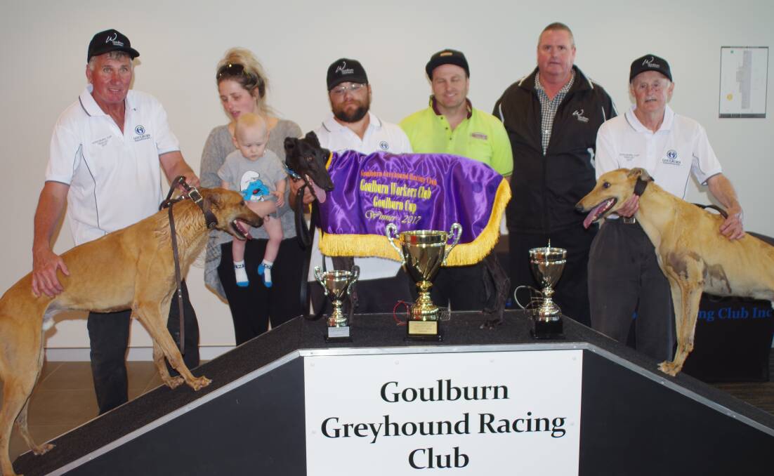 PODIUM: Winner  of the 2017 Goulburn Workers Club Greyhound Cup, Champion Model (centre), with second-placed Jock Colley (right) and third Slamming Thunder. Workers Club president Tony Dawson (second right) presented the trophies. Photo: Darryl Fernance