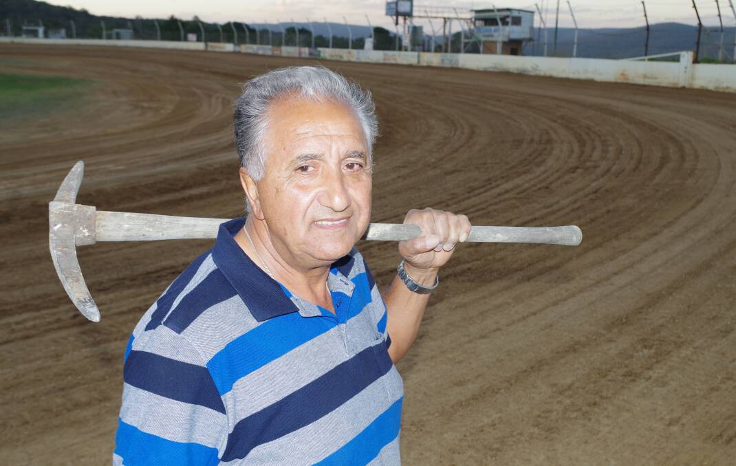 READY FOR RACING: Goulburn Speedway race secretary Tony Kranitis after gouging out a couple of stray rocks from the new clay racing surface ready for Saturday night. Photo: Darryl Fernance