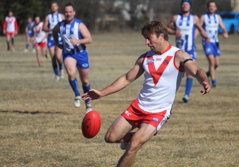 IN CONTROL: Dale Cummins sends the ball forward, toward the Swans' target.Photo: Zac Lowe