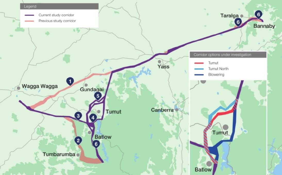 The HumeLink transmission line was modified in September (shown in purple) to reduce its footprint from 500km to 360km. 