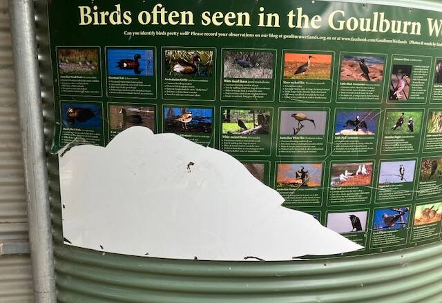 A sign depicting birds which frequent the Esatgrove wetlands has been vandalised. Picture by Heather West.