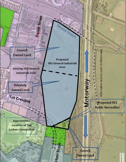The council owned land proposed for rezoning borders Sloane Street and occupies the former nursery site near the old saleyards. The privately owned land also pegged for rezoning to industrial lies the west (also marked in blue). Image supplied.