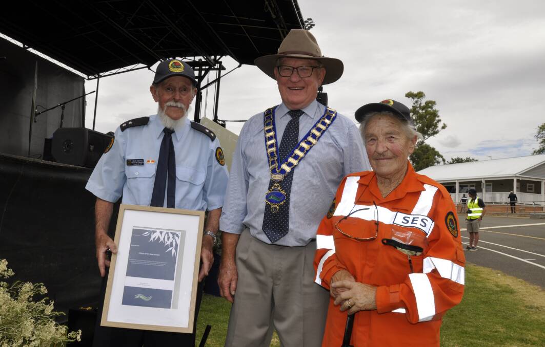 JUST REWARD: Windellama SES deputy unit controller Kevin Muffet was named as Goulburn's Citizen of the Year at Tuesday's Australia Day celebrations. He is wife his partner and fellow SES member Margaret Burgoine and Mayor Bob Kirk. Photo: Louise Thrower.