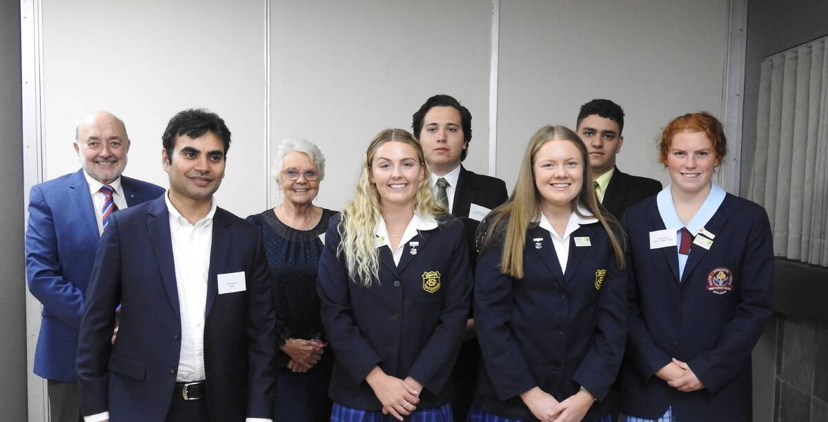 SPEAKING UP: The Lions Club Youth of the Year competition will again be held next month. Pictured here at the 2020 event were judges Greg Moore, Varun Bajaj and Jean Lloyd with students Ashleigh Deaton, Elias Toparis, Holly Caffery, Mina Gerges and Clair Pettit. Photo supplied.