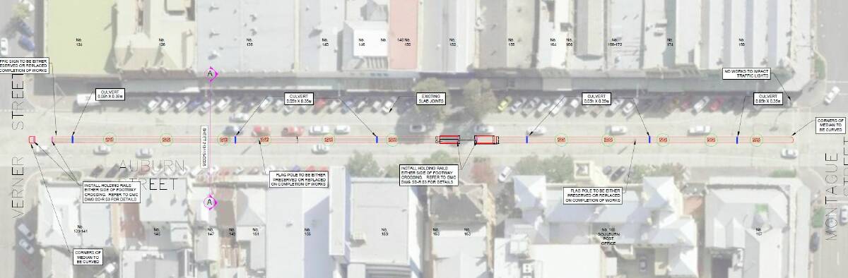 The council's CBD plan proposed tree planting along the centre of Auburn Street. Work in coming months will cover the Montague to Goldsmith Street stretch. Image sourced.