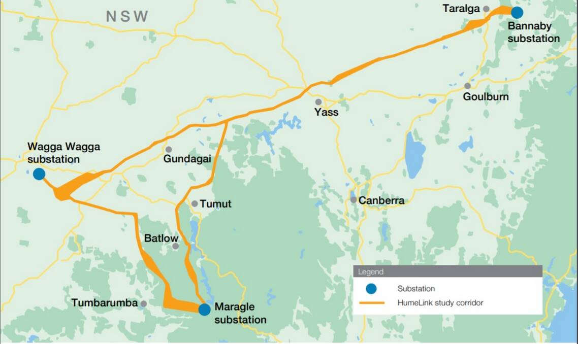 The proposed transmission line takes in Maragle, Wagga Wagga and runs over via Crookwell and on to Bannaby, near Taralga. Image sourced.