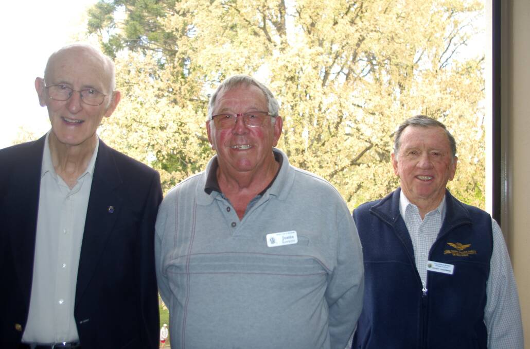 LONG CAREER: Justin Hawkins (centre) delivered an interesting talk about his career as a custodial officer in Goulburn at the Men's Probus Club meeting. He is with John Miller and Terry Sharman. Photo: Bill Young.