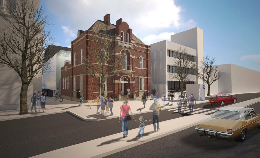 Architect Brewster Hjorth's artist's impression of the performing arts centre and its rear addition.