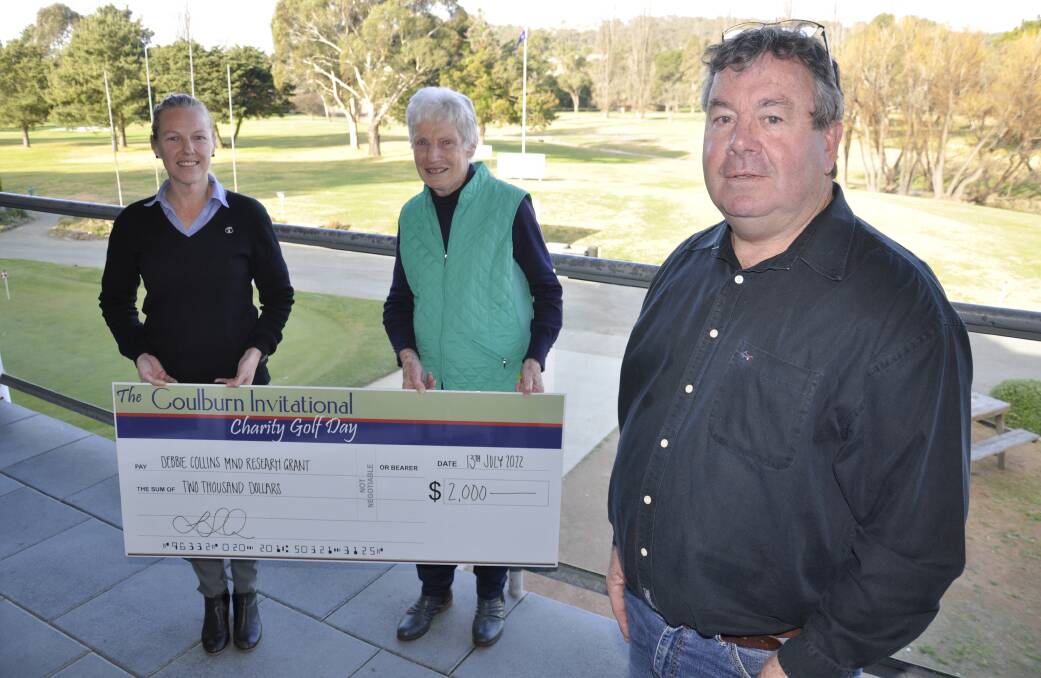 Brett Collins was thrilled with the the funds raised for Motor Neurone Disease at a golf tournament named in honour of his late wife, Debbie. He is with Laura Collins (no relation) from the Goulburn Invitational Charity Golf Day and Goulburn Golf Club ladies captain, Margaret Webb. Photo: Louise Thrower.