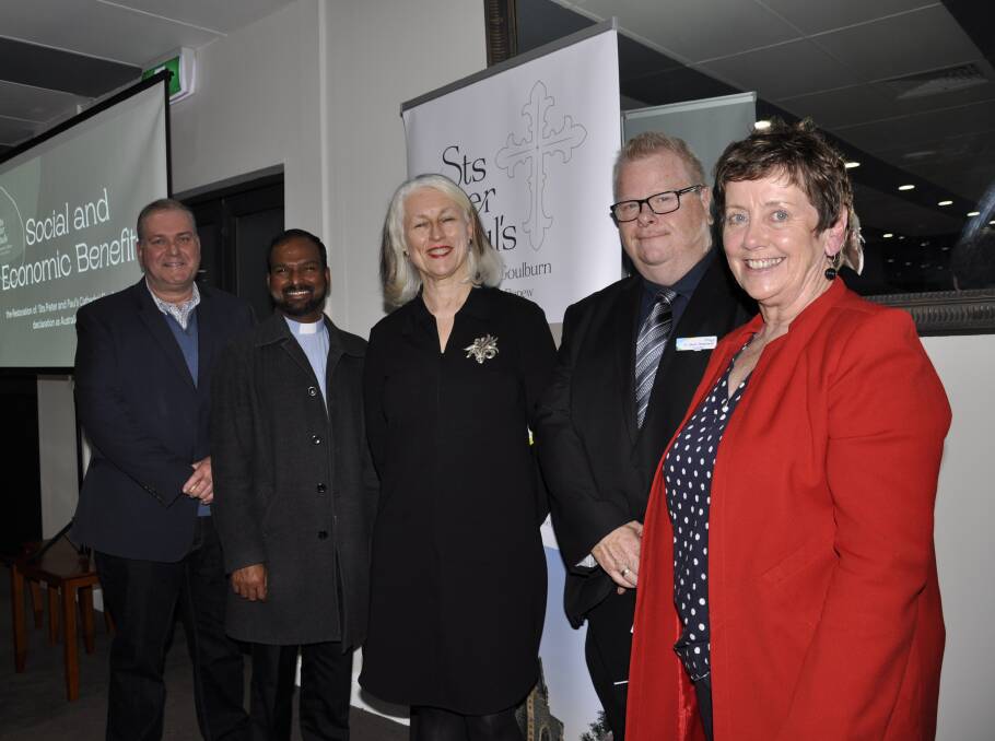 COMPELLING CASE: Consultant Joe Zabar, Mary Queen of Apostles Parish Priest, Fr Joshy Kurien, Region Media group editor Genevieve Jacobs, Cr Jason Shepherd and Cathedral restoration committee chair Dr Ursula Stephens at Thursday's presentation. Photo: Louise Thrower. 