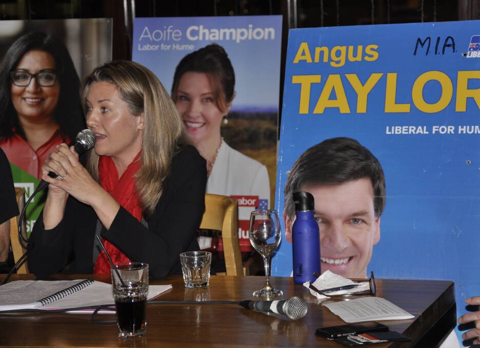 Labor candidate Aoife Champion told Monday's Politics in the Pub that people had a "civil right" to ask questions of their political representatives and to have them answered. Liberal MP Angus Taylor was an apology for the event.