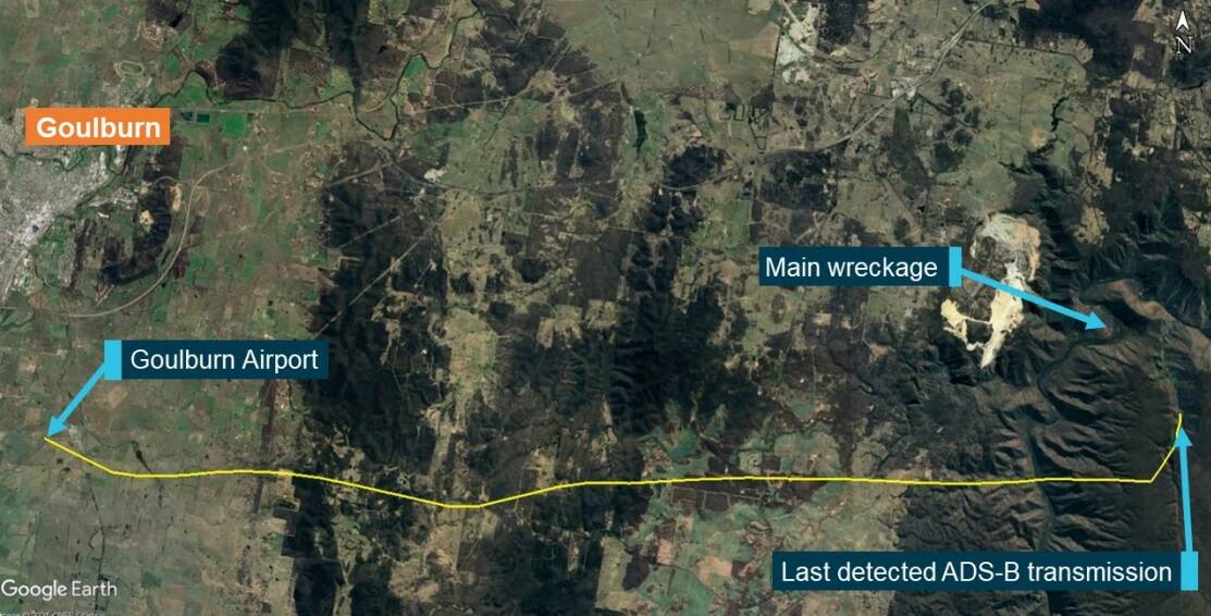 A map showing the flight path and wreckage, which was strewn for 275 metres. Image: ATSB.