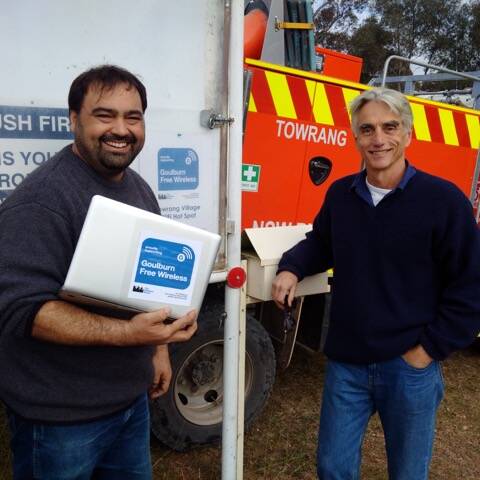 Coordinator of the Goulburn free Wi-Fi initiative launched Saturday's installation of Wi-Fi with Geoff Pearson, president of Towrang RFS and Towrang Valley Progress Group.