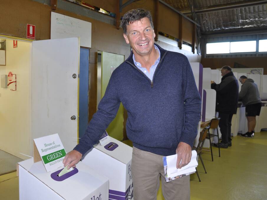Hume MP Angus Taylor voting at the May, 2019 federal election. He holds the seat by a 13 per cent margin. Photo: Louise Thrower.