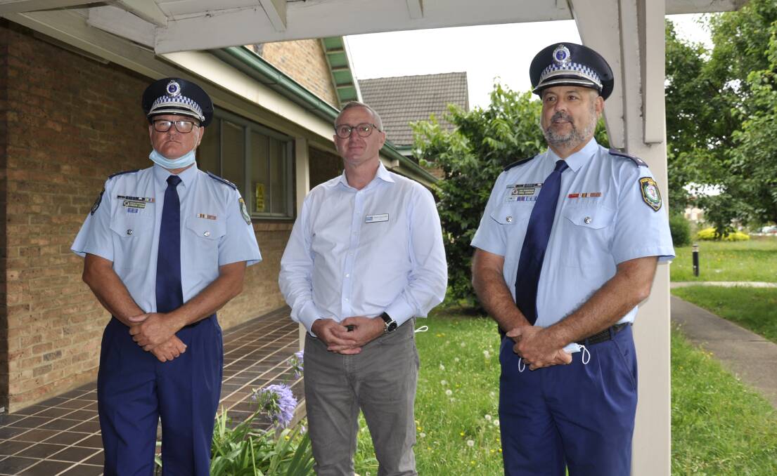 Firearms registry commander, Superintendent Cameron Lindsay, NSW Crime Stoppers CEO Peter Price and Hume Police District Commander Paul Condon announced a crackdown on firearms registration and storage on Tuesday. They are pictured at Goulburn Police Station. Photo: Louise Thrower.