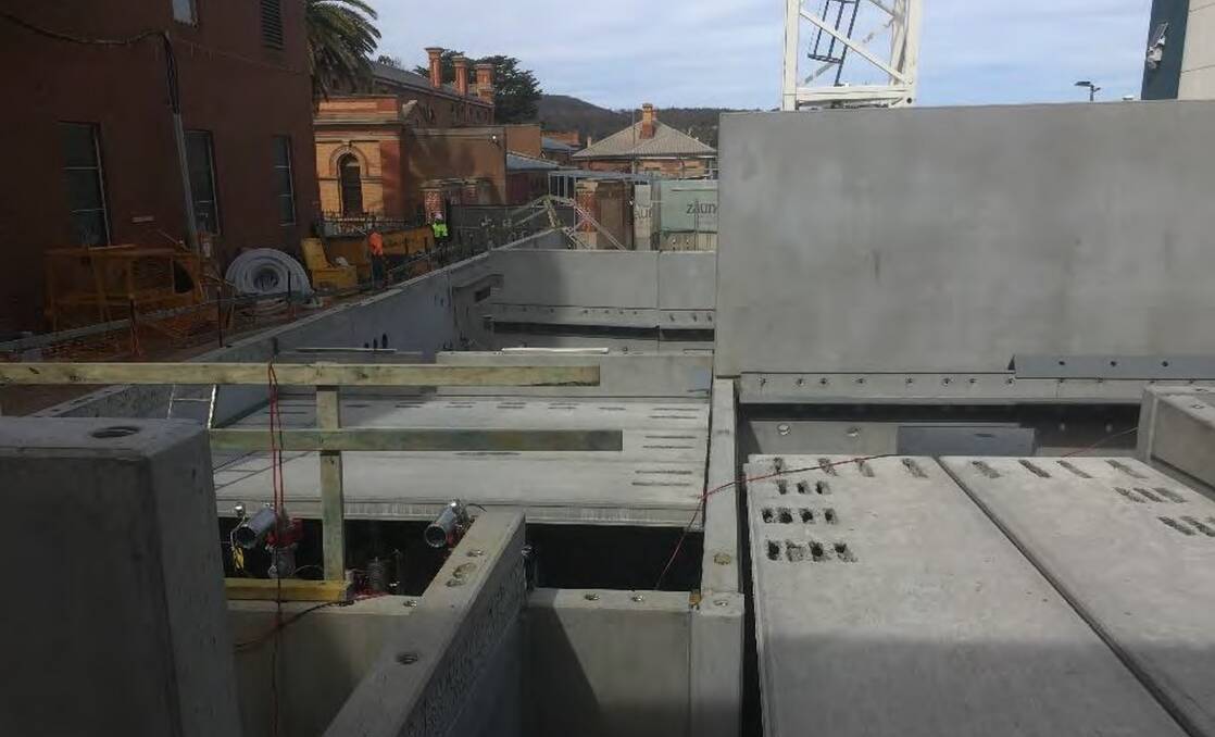 PROGRESS: Zauner Constructions is well underway with placement of pre-cast panels on Goulburn's Performing Arts Centre in Auburn Street. The project is adapting and adding to the existing McDermott Centre. Photo supplied.