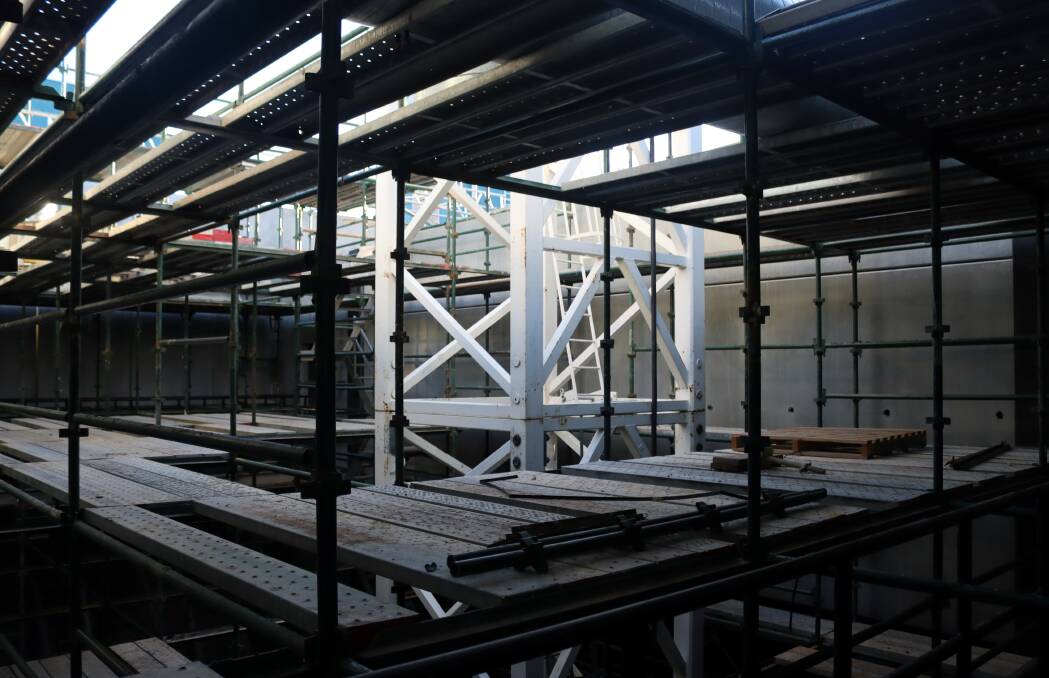 Internal scaffolding in the rear auditorium in April. This area will seat 400 people. Photo supplied.