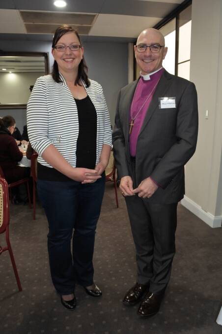 REACHING OUT: Bishop Stuart Robinson with then Goulburn Chamber of Commerce president Alex Ridley at one of his business breakfasts last September.  