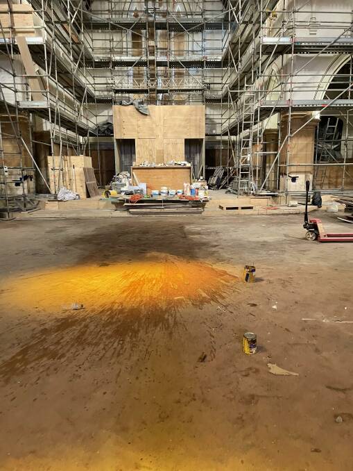 Gold paint which was being used for delicate stencilling was thrown over a wide area of parquetry flooring which was under restoration. Picture supplied.