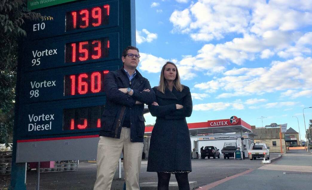 Nick Tyrrell, pictured here in 2016 with wife Lauren campaigning over high petrol prices in Yass, is also being talked about as a Liberal possibility for the seat of Goulburn.
