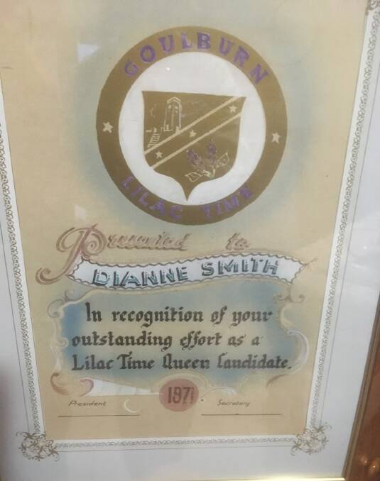 Dianna Smith (she was known as Dianna) was presented with this certificate in 1971 for winning the Lilac Queen competition. Photo supplied.