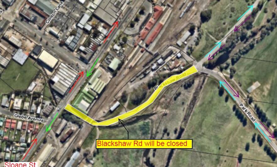 CLOSED: A section of Blackshaw Road (marked in yellow) will be closed from December 6 to 11 to allow restoration work following pipe laying for the water re-use scheme. Image supplied. 