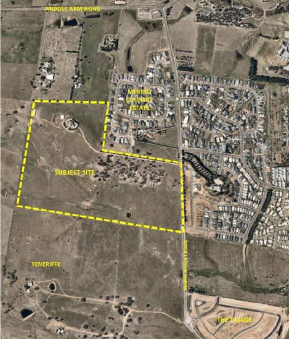 Maxiwealth's subdivision (marked in yellow broken line) covers 41 hectares at Marys Mount. Stage one comprises 205 lots and stage two - about 120 blocks. Middle Arm Road is at top of image. Image: Purdon Planning and NearMap.