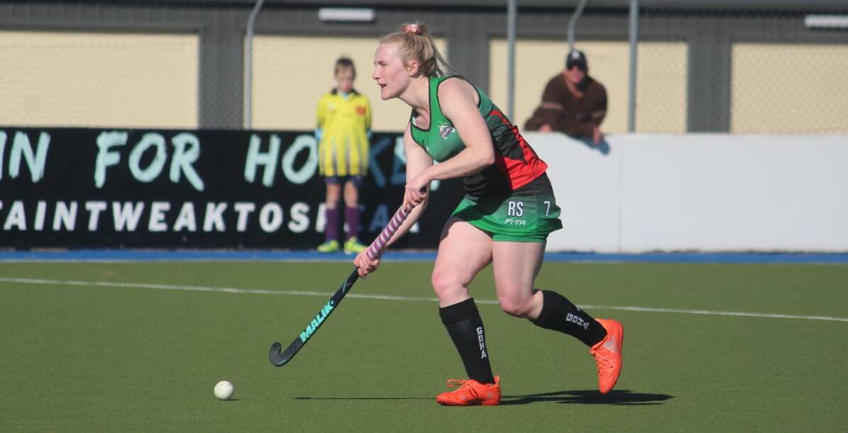 A Goulburn Women's Hockey player in action at the only usable field at The Workers complex in July. Photo: Zac Lowe.