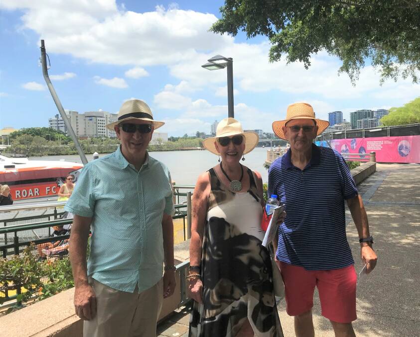 Gos Cory (right) and partner Liz Knight in Brisbane with Goulburn neighbour, Bill Storrier in 2017. Mr Cory died on suddenly on Monday. Photo supplied. 
