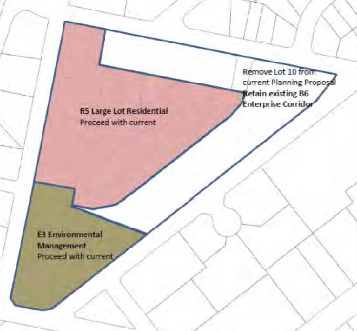Council planners are recommending to Tuesday's meeting that a subdivision proposed for a block bounded by Lansdowne St (right) and Robinson Street (left) be zoned part residential and the outer B6  enterprise corridor be retained. Image: Goulburn Mulwaree Council.