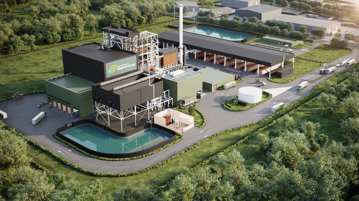 An artist's render of a waste to energy plant being built at East Rockingham, Western Australia, on which Jerrara Power's project is based. The WA facility is due to go live in June, 2022, Inside Waste reports. Image supplied.