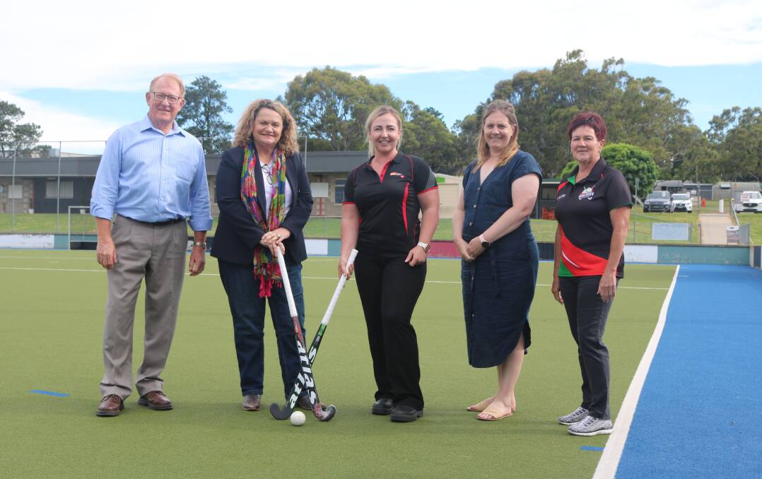 MOVING AHEAD: Mayor Bob Kirk, Goulburn MP Wendy Tuckerman, Goulburn District Hockey Association president Nadine Ward, secretary Mandi Smith and rep secretary Sharney Fleming pictured last November at the announcement of $3.87 million funding for the hockey complex's redevelopment. Photo supplied.