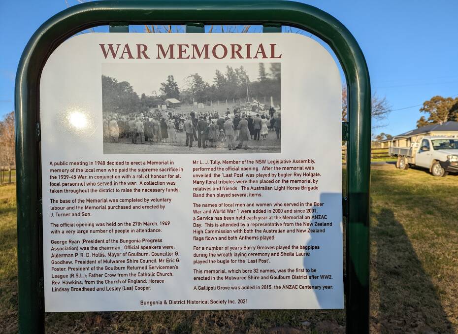 A plaque at the site details the Bungonia War Memorial's history. Picture by Anne Wiggan.