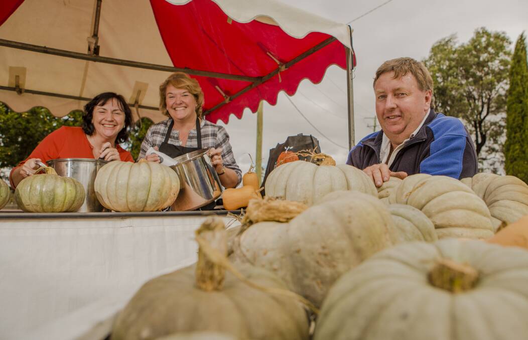 Gary Poile helped organise the Collector Pumpkin Festival for many years. He's pictured here in 2016 with wife, Felicity, and Felicity's sister-in-law, Carolyn Hannan. Picture supplied.