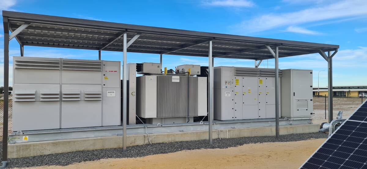 EFFICIENCY: This skid mounted pre-wired inverter/transformer will cut installation costs. It is part of a larger battery now intended for the solar farm. Photo supplied.
