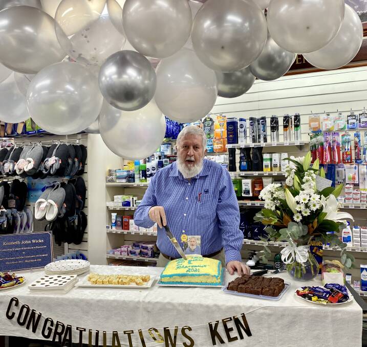 LONGEVITY: Crookwell pharmacist Ken Wicks celebrated 50 years in business on Monday with a special celebration with family and friends. Photo: Cass Wicks.