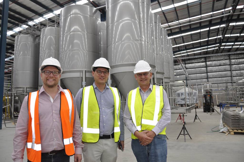Tribe Breweries operations manager Joerris Noll, project manager Severin Fleischmann and community relations manager Geoff Kettle inside the new South Goulburn facility.