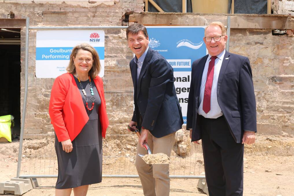 Goulburn MP Wendy Tuckerman and Mayor Bob Kirk watched as Hume MP Angus Taylor turned the first sod on Goulburn's new performing arts centre on Tuesday. Photo supplied.