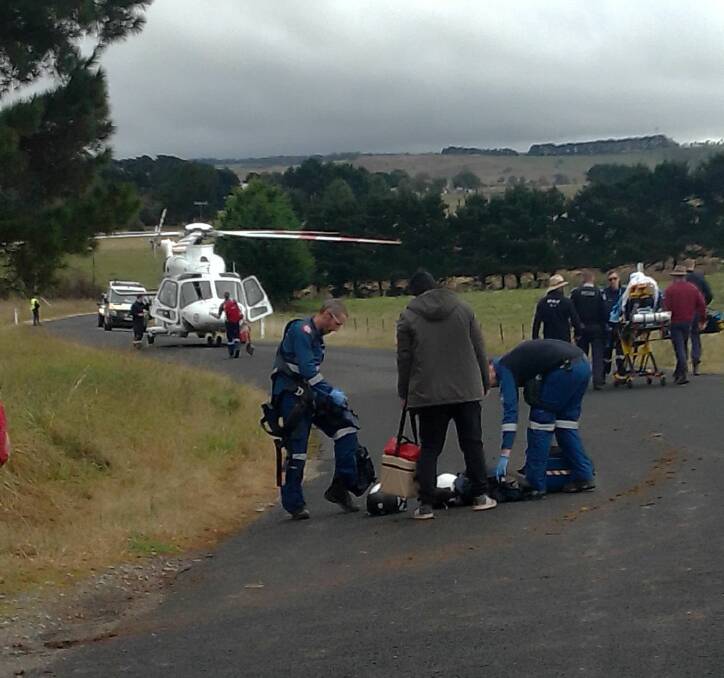 The rescue helicopter landed on Bannaby Road, adjoining John Corby's property about 2km east of Taralga. Photo supplied.