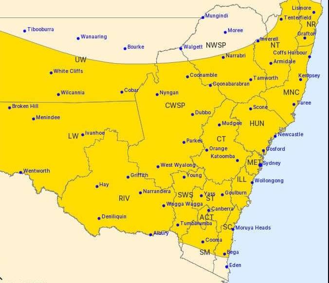 A severe weather warning has been issued for a vast region of NSW. Image: Bureau of Meteorology.