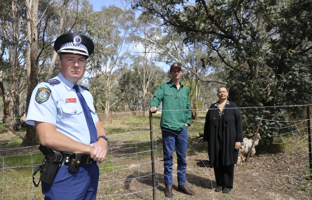Inspector Matt Hinton says police will act against anyone caught riding unregistered motorbikes. He's with Pejar Local Aboriginal Land Council heritage officer, Chris McAlister junior, and CEO, Delise Freeman on the Land Council's parcel off Knox Street where intruders cut a fence to ride motorbikes around. Picture by Louise Thrower.