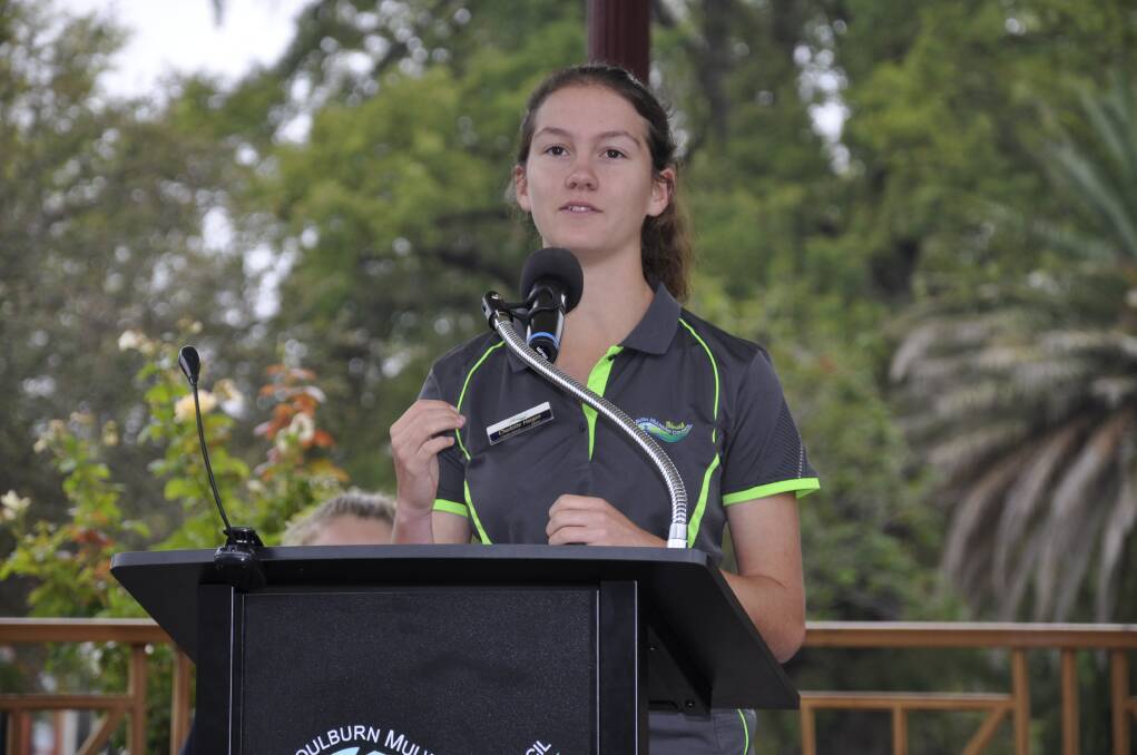 Youth Council Mayor Charlotte Hargan speaking at this year's Goulburn's birthday celebrations in Belmore Park. Photo: Louise Thrower.
