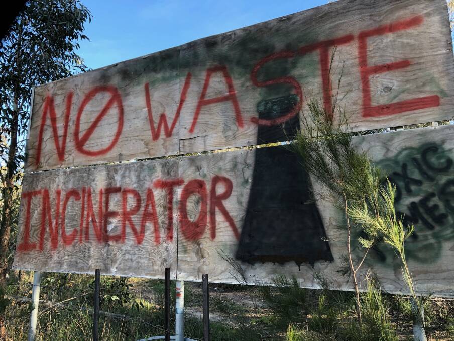 'NOT HERE': A large sign opposing the waste to energy plant has appeared on Jerrara Road in recent days. Photo supplied.