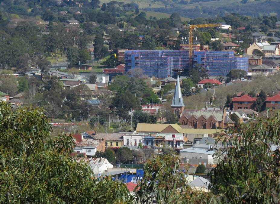 ON WAY: Goulburn Base Hospital's $150 million redevelopment is well advance as this recent image taken from Rocky Hill shows. At the same time, the Health District hopes to bed down a broad staffing restructure by Christmas. Photo: Lyn Terrey.