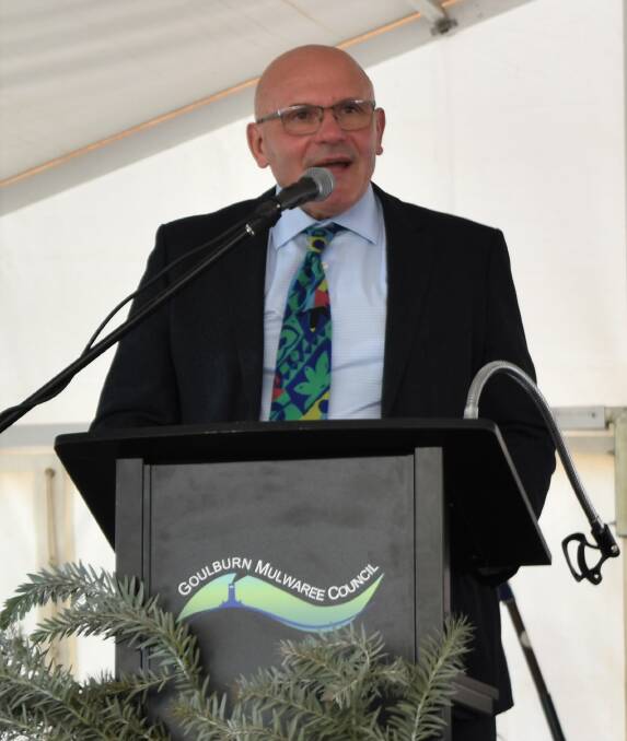 Michael Prevedello is tossing his hat in the ring for Goulburn Mulwaree Council. He's pictured here addressing the crowd as the 2020 Goulburn Australia Day ambassador. Photo: Neha Attre.