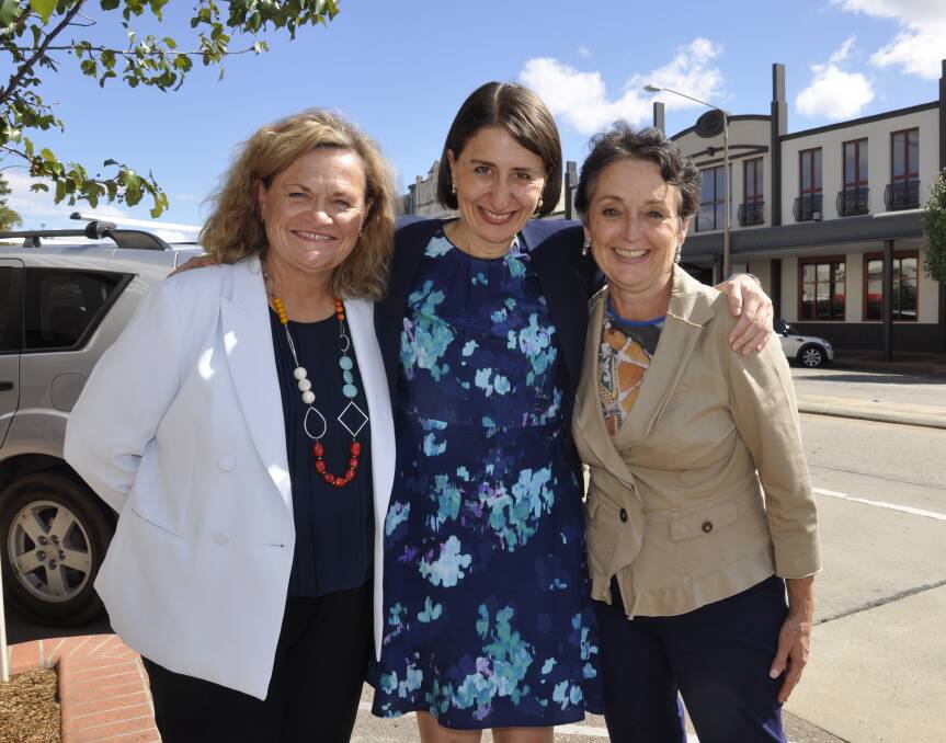 Premier Gladys Berejiklian visited Goulburn again on Wednesday and caught up with Liberal candidate Wendy Tuckerman and outgoing MP Pru Goward. Photo: Louise Thrower.